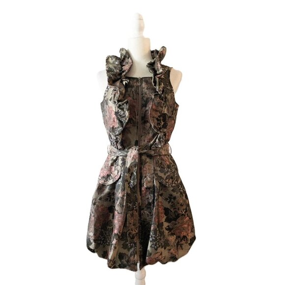 Samuel Dong Pink Floral Brocade Sleeveless Ruffled Dress With Belt SZ S  Bubble - Picture 1 of 12